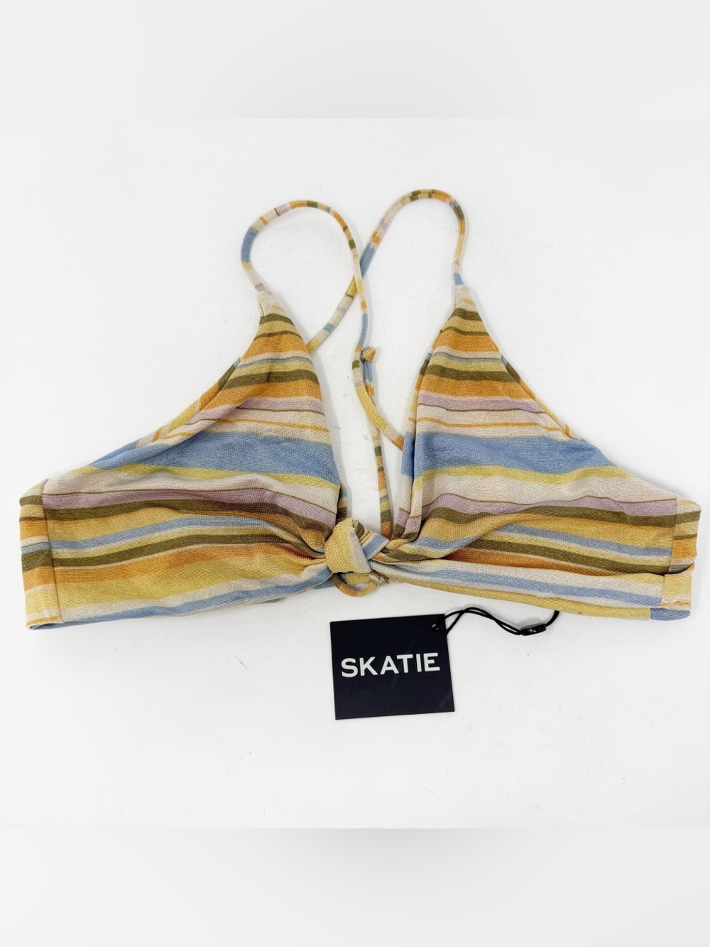 SKATIE Colorful Striped Bikini Top XL Beach Indie Summer Pool Front Knot NEW